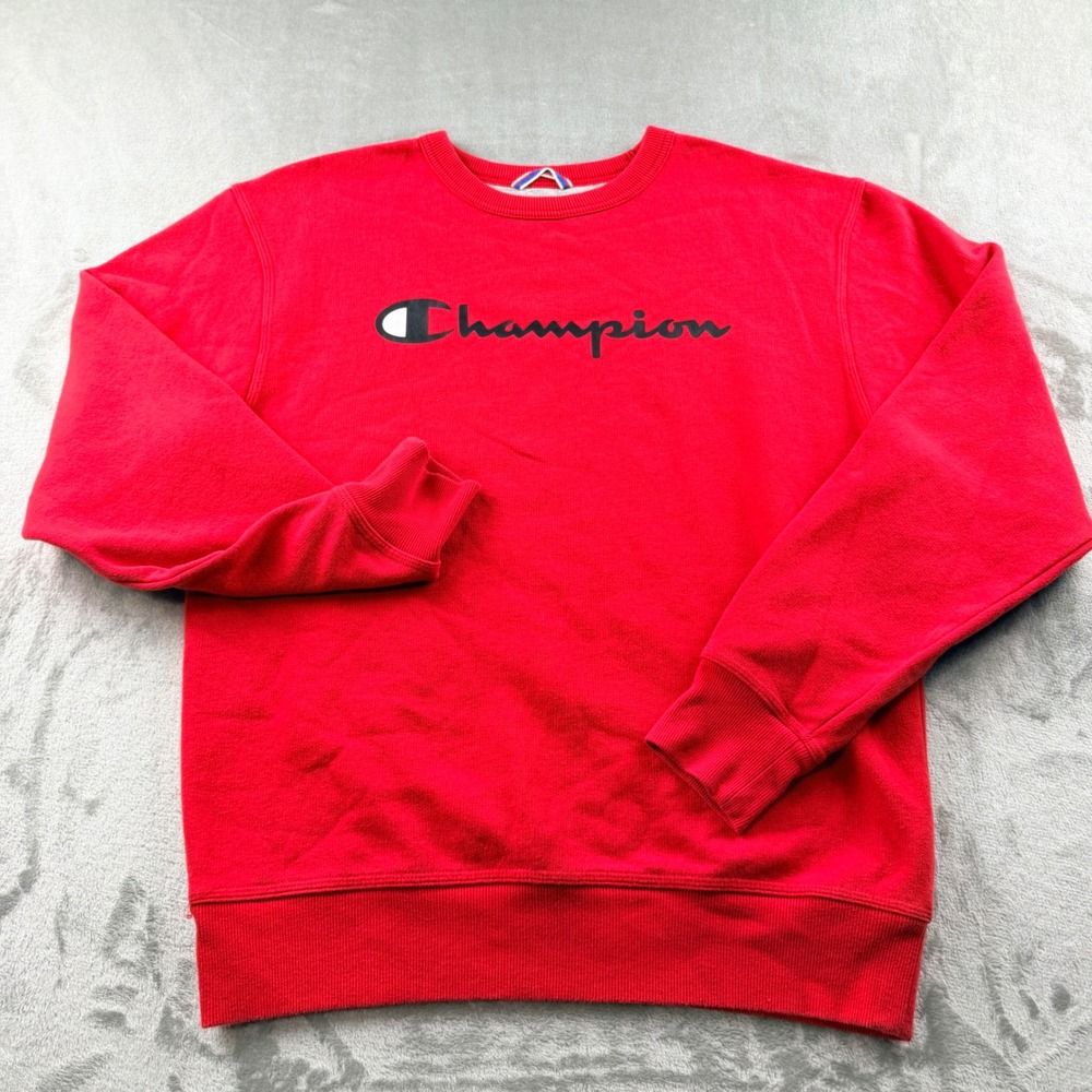 Champion Men's Medium Red Script Logo Crewneck Sweatshirt Long Sleeve GF88H